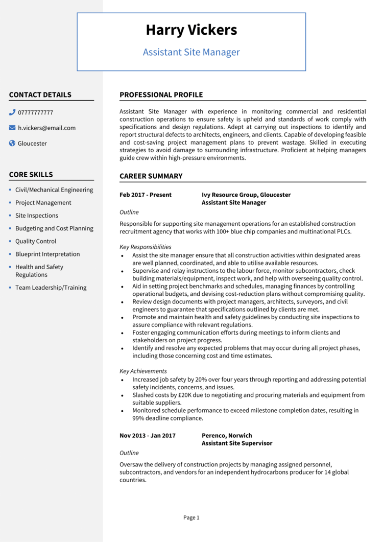 Assistant Site Manager CV