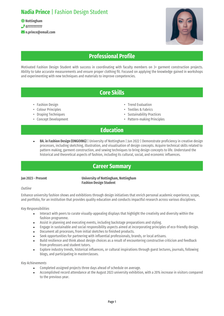 Fashion Design Student CV-1 Fashion Design Student CV
