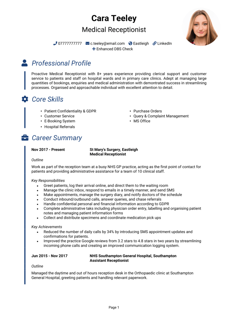One page CV - Receptionist