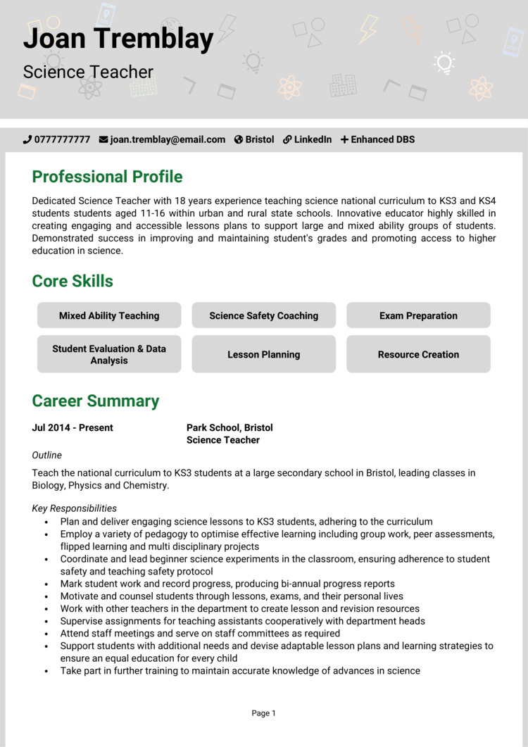 Science Teacher CV