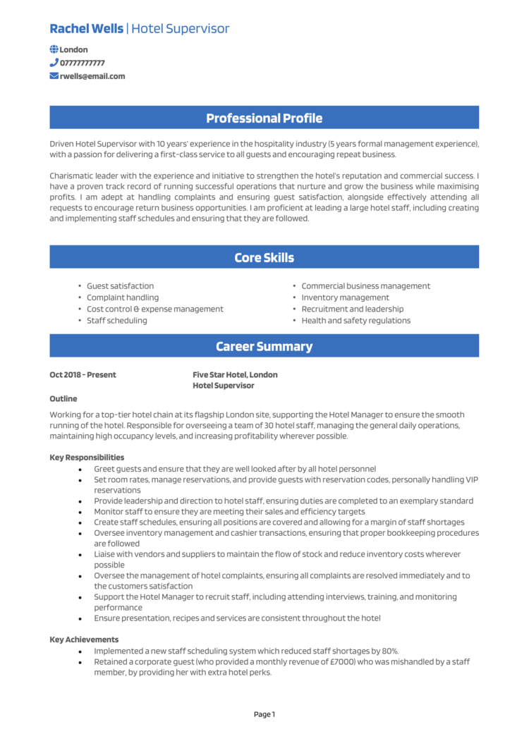 Hotel Supervisor CV